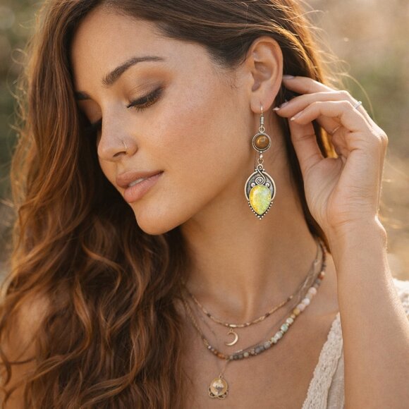 S925 Silver Tiger's Eye Triplet Opal Earrings 2.8" Handcrafted Boho Artisan Drop - Picture 9 of 16